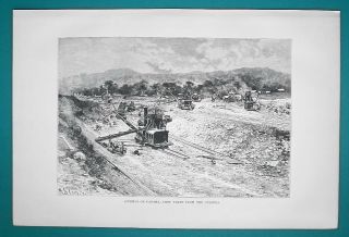 Panama Canal Construction Excavation Work - 1891 Antique Print Xylograph
