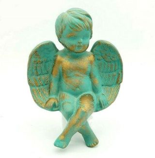 Terracotta Teal Blue Green Gold Antiqued Shabby Chic Angel Cherub Shelf Sitter
