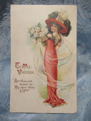 Antique 1900s Raphael Tuck Valentine Cabinet Card Edwardian Woman In Red Gown 8 "