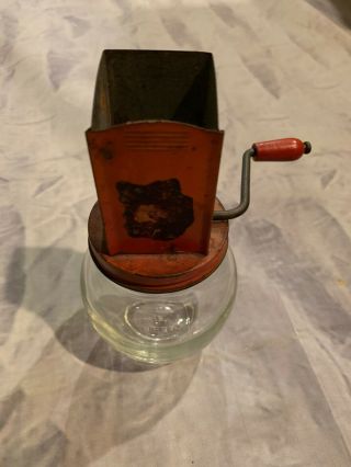 Vintage Antique Kitchen Food Hand Turn Glass Metal Nut Chopper Grinder Red